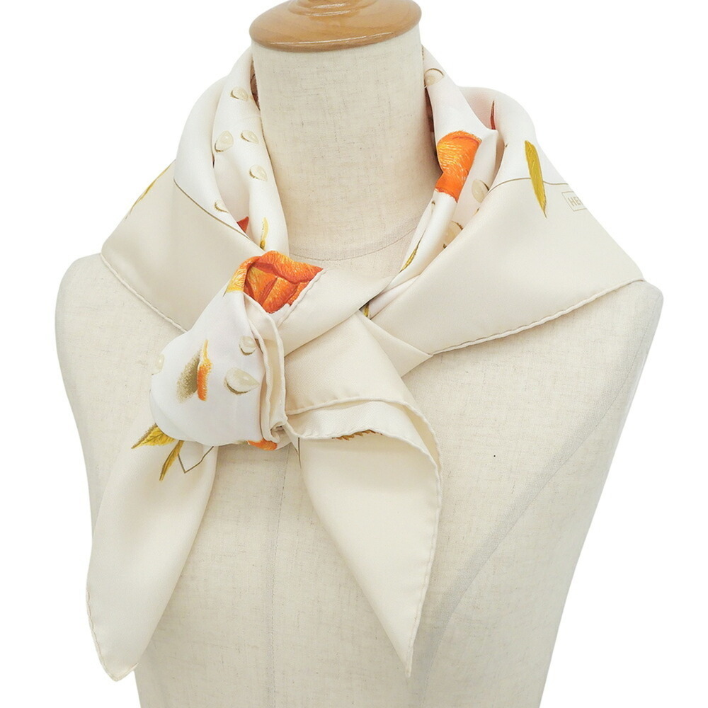 Hermes Carre 90 LA ROSEE (Rose Drop) Scarf/Muffler, Silk, Light Beige, Orange... - Picture 2 of 9
